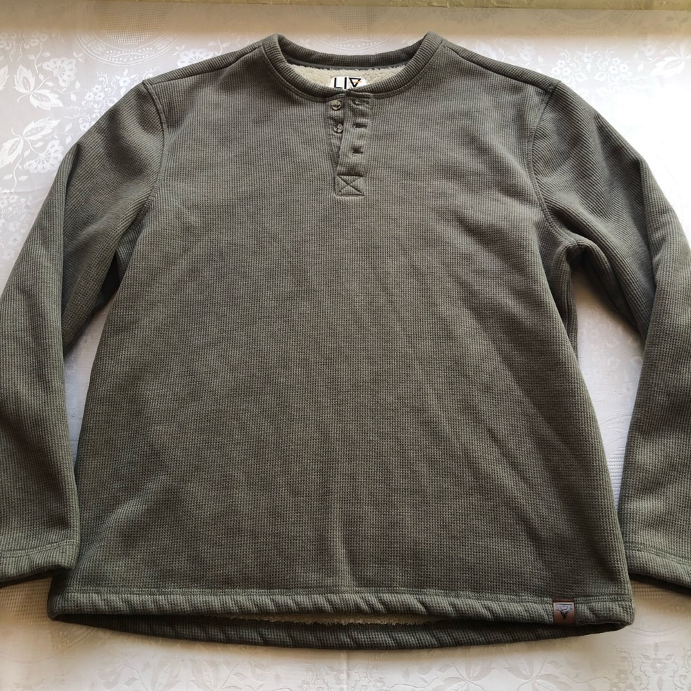 LIV Life Integrity Earth Olive Green Sherpa Lined Henley Sweatshirt Men’s Size L